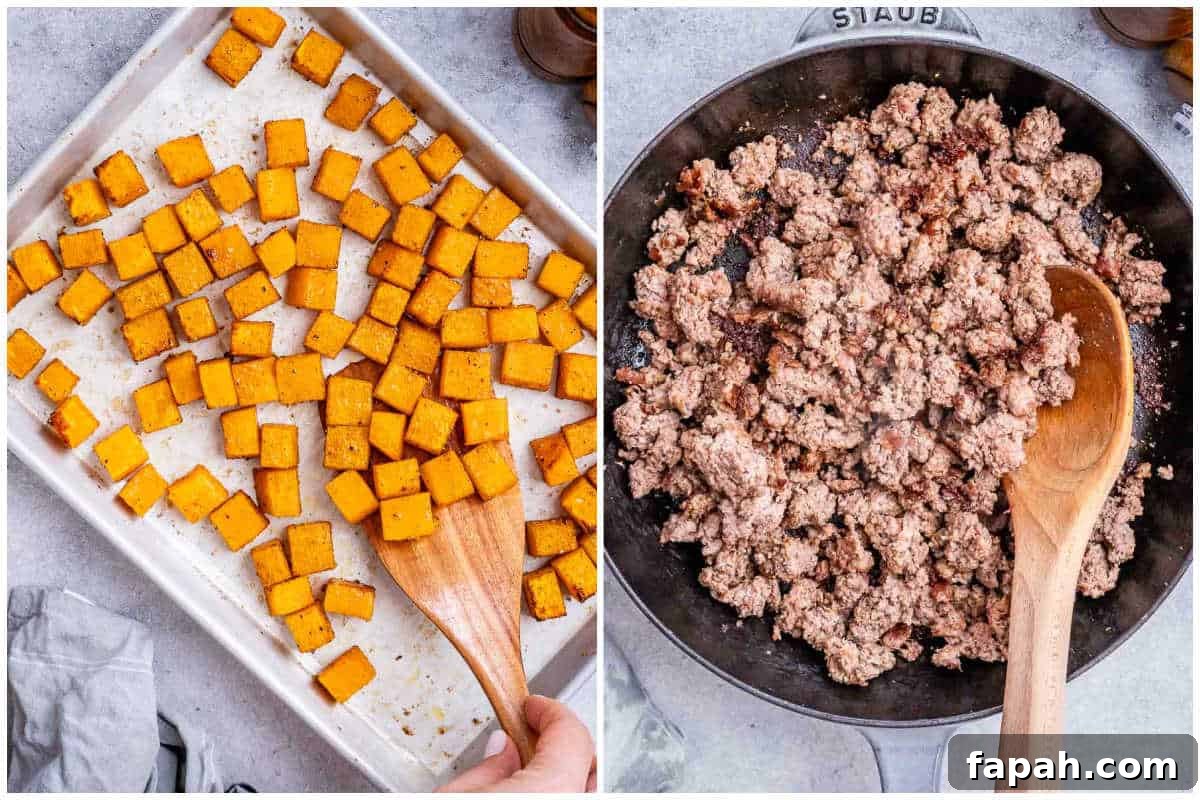 process shot to roast the butternut squash and cook the ground beef.