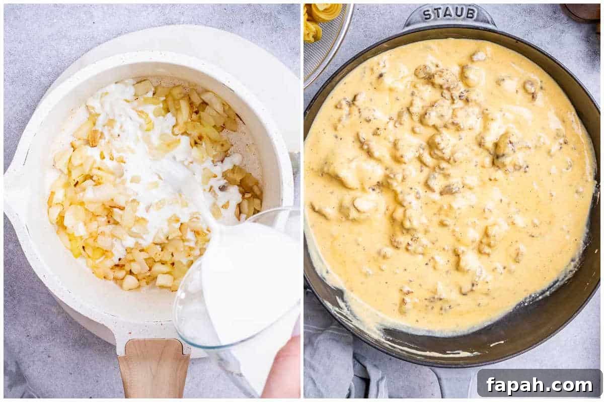 process shot to make the cheesy sauce and adding it over the pan with the ground beef.