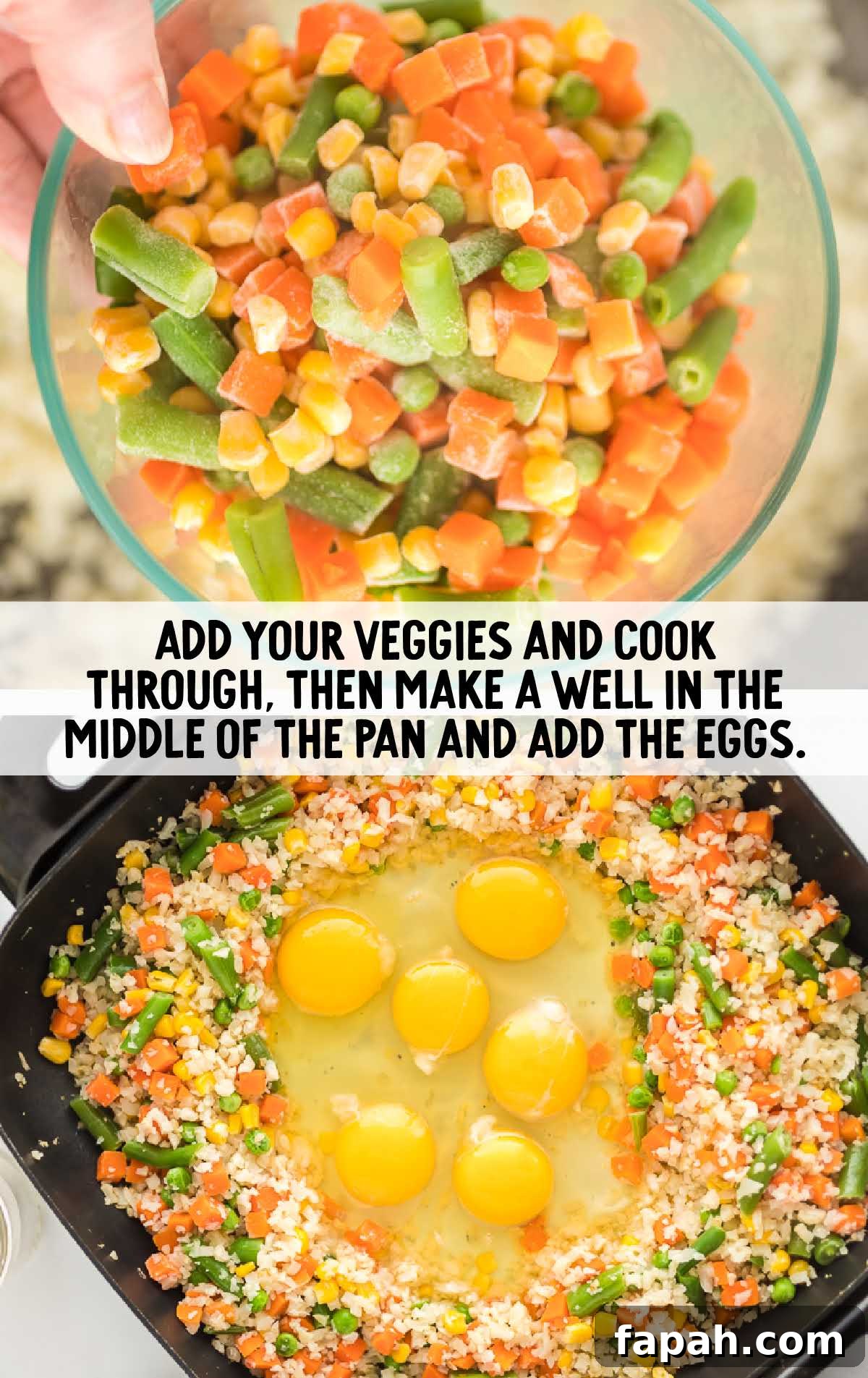 Low-Carb Cauliflower Fried Rice Recipe for Quick Weeknight Meals 4 veggies and eggs added to the skillet of cooked cauliflower rice