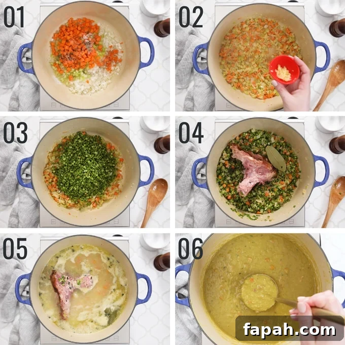 six overhead photos showing the process of making split pea soup with ham