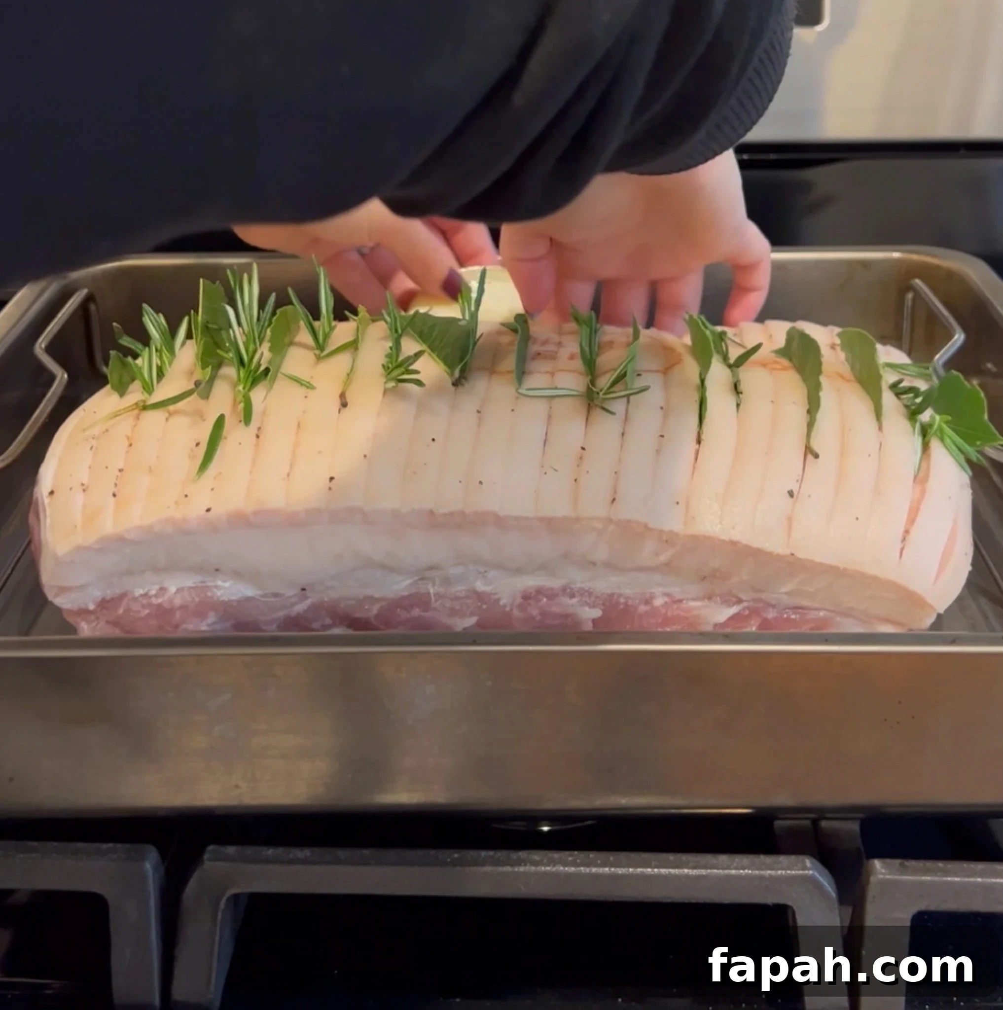 Adding potato under the roast to even out the top.