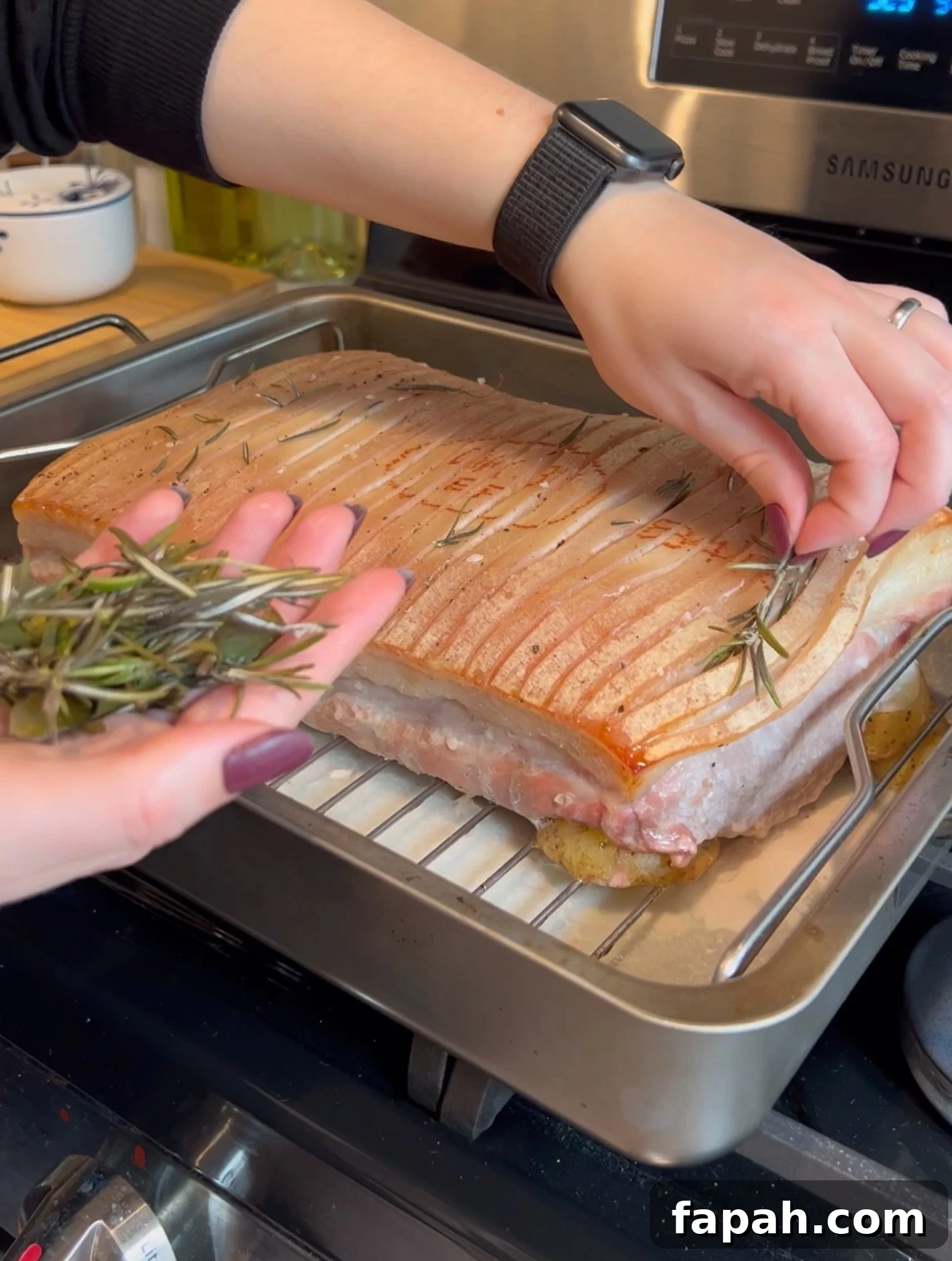 Removing the herbs so they don't burn.