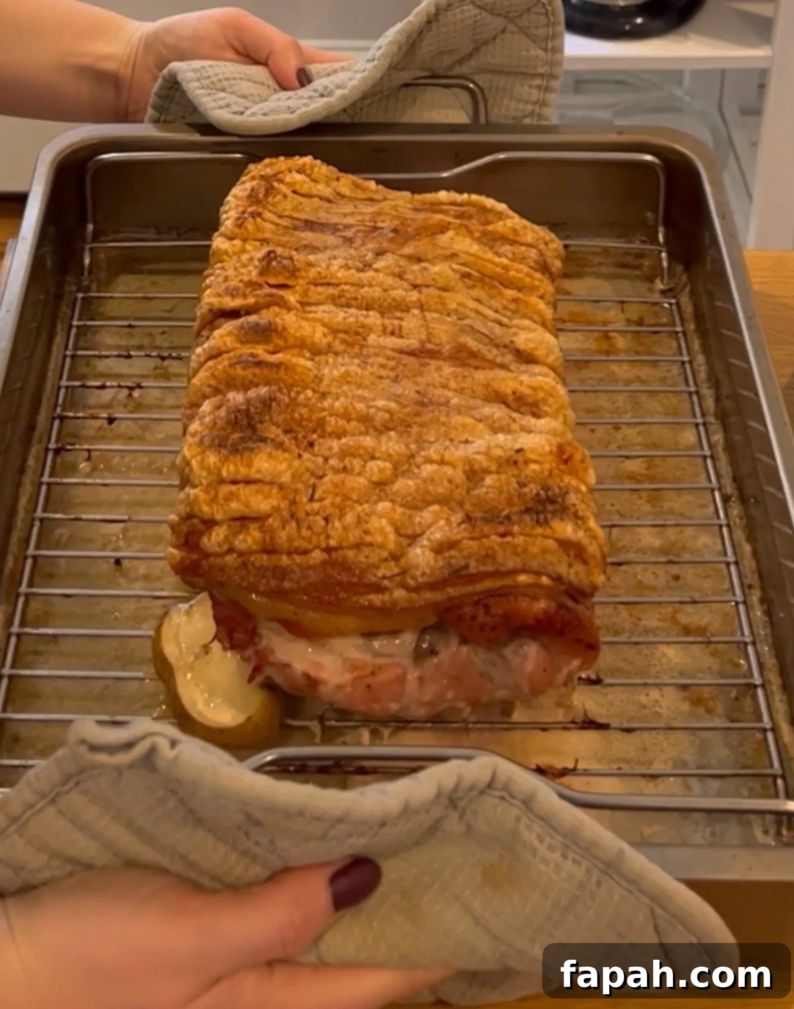 Crispy skin on the pork loin.