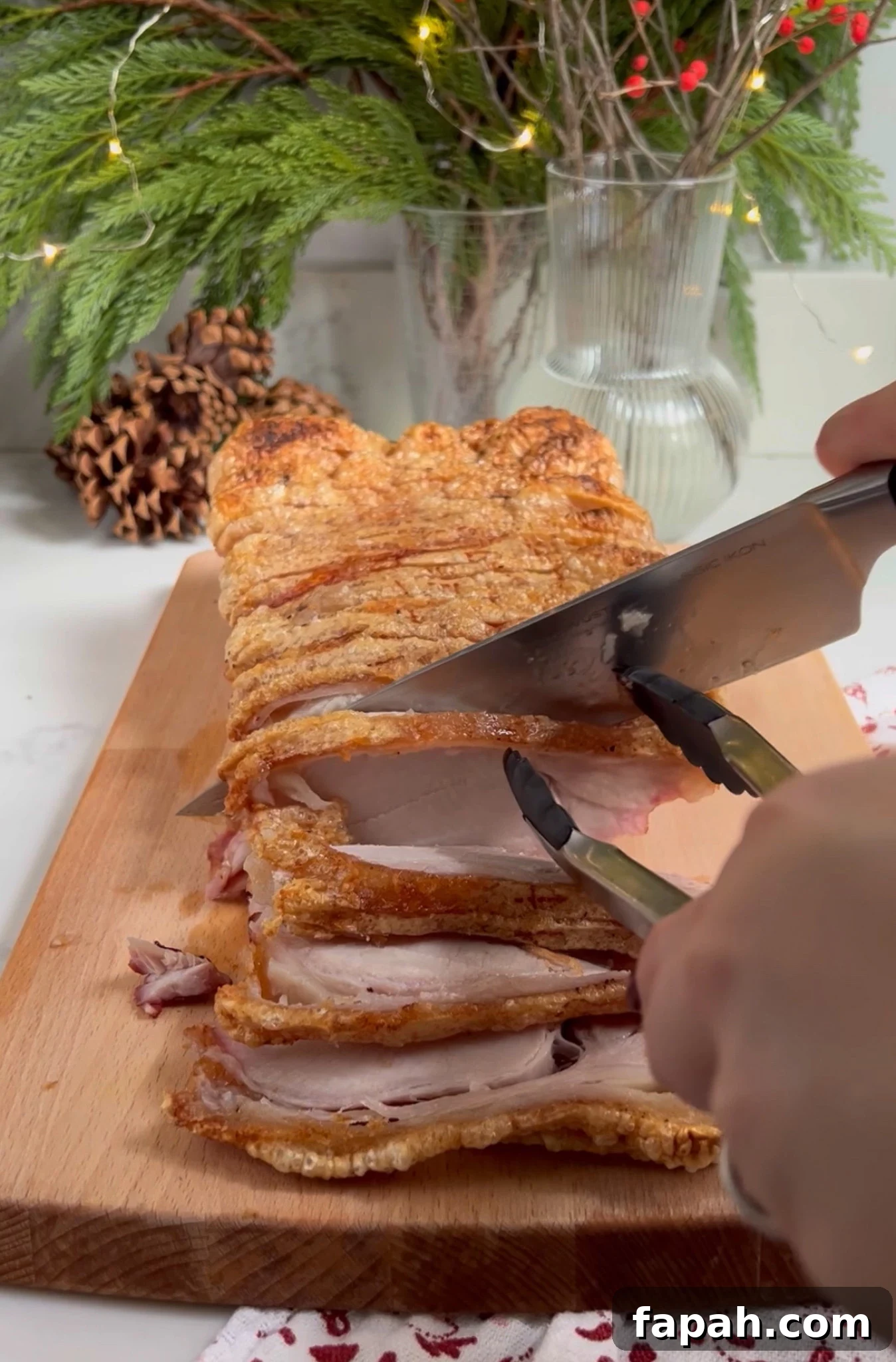 Slicing pork roast.