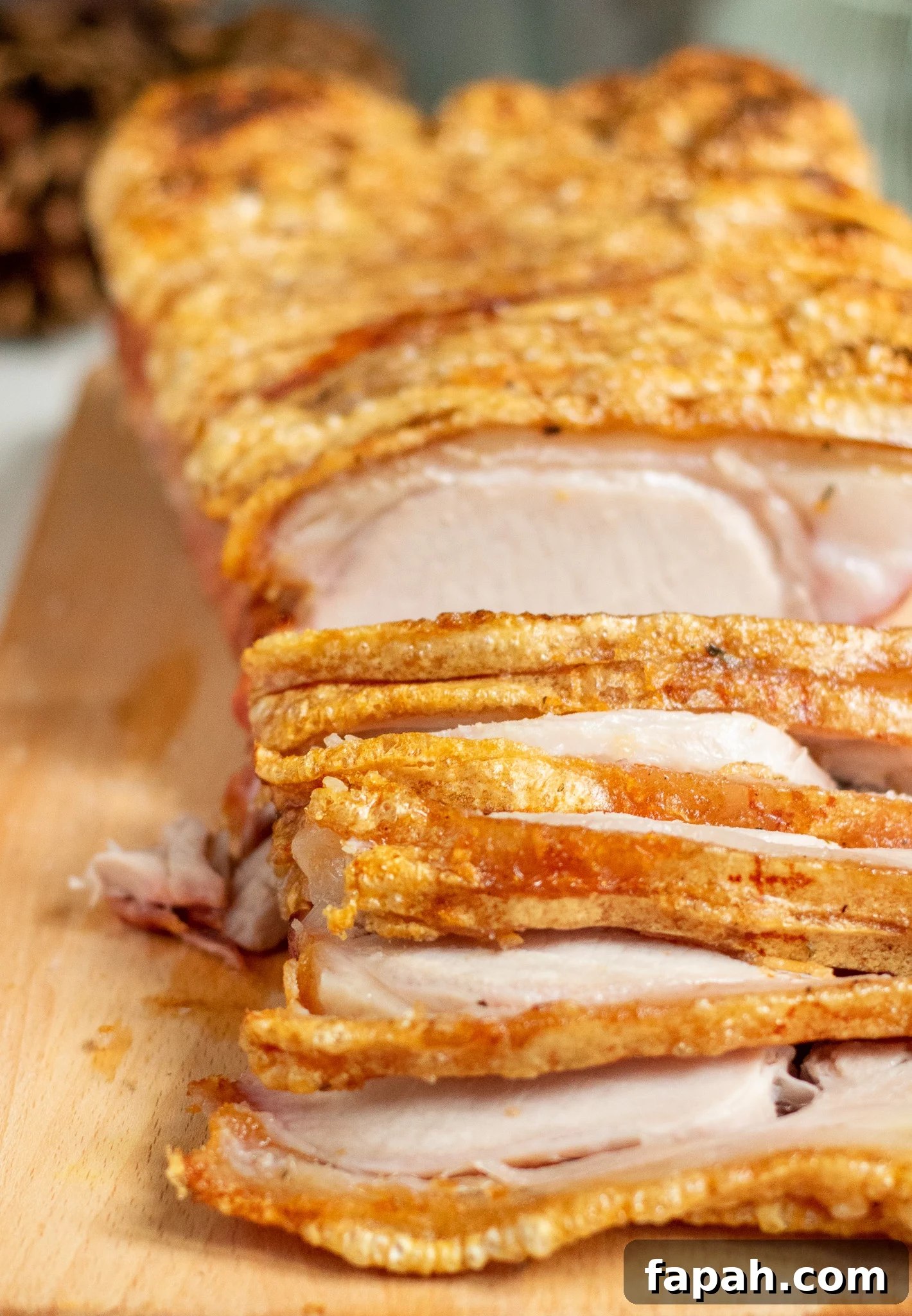 Slices of roast pork loin with crackling on a cutting board.