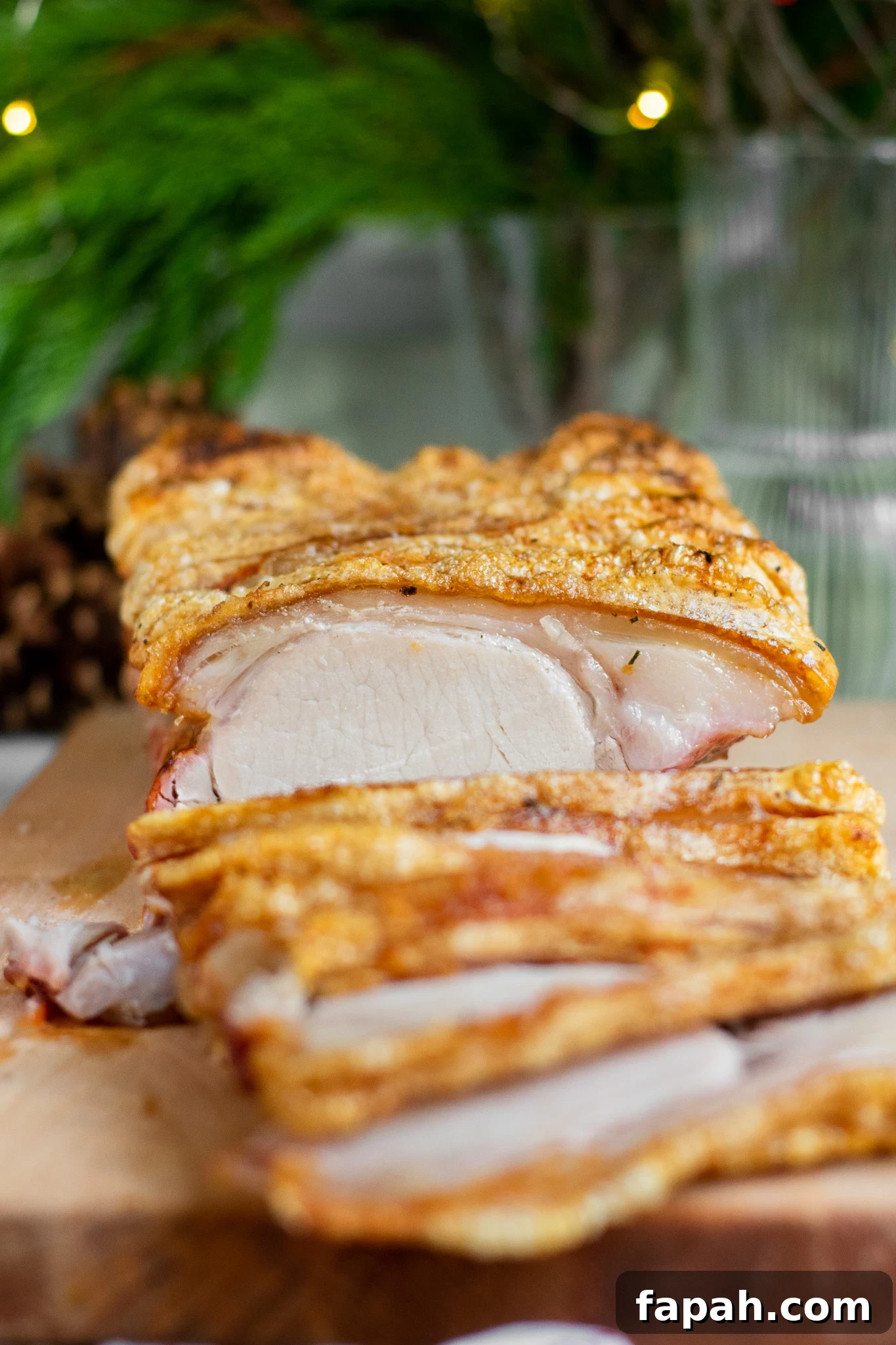 Slices of roast pork loin with crackling on a cutting board.