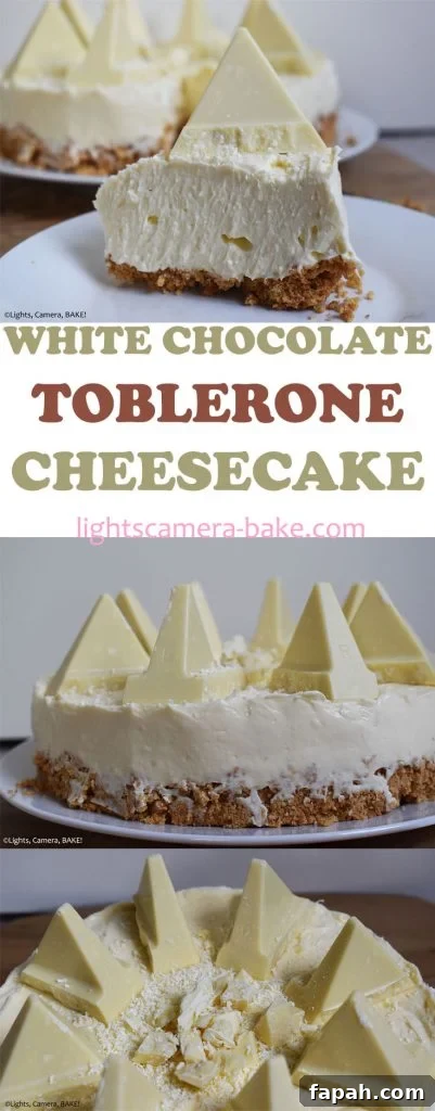 Long pinterest image with three pictures of White Chocolate Toblerone Cheesecake with a title.