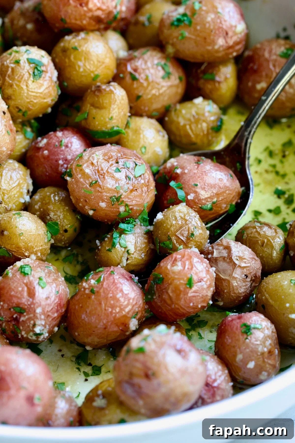 Garlic Butter Parmesan Mini Potatoes in round white baking dish with serving spoon.