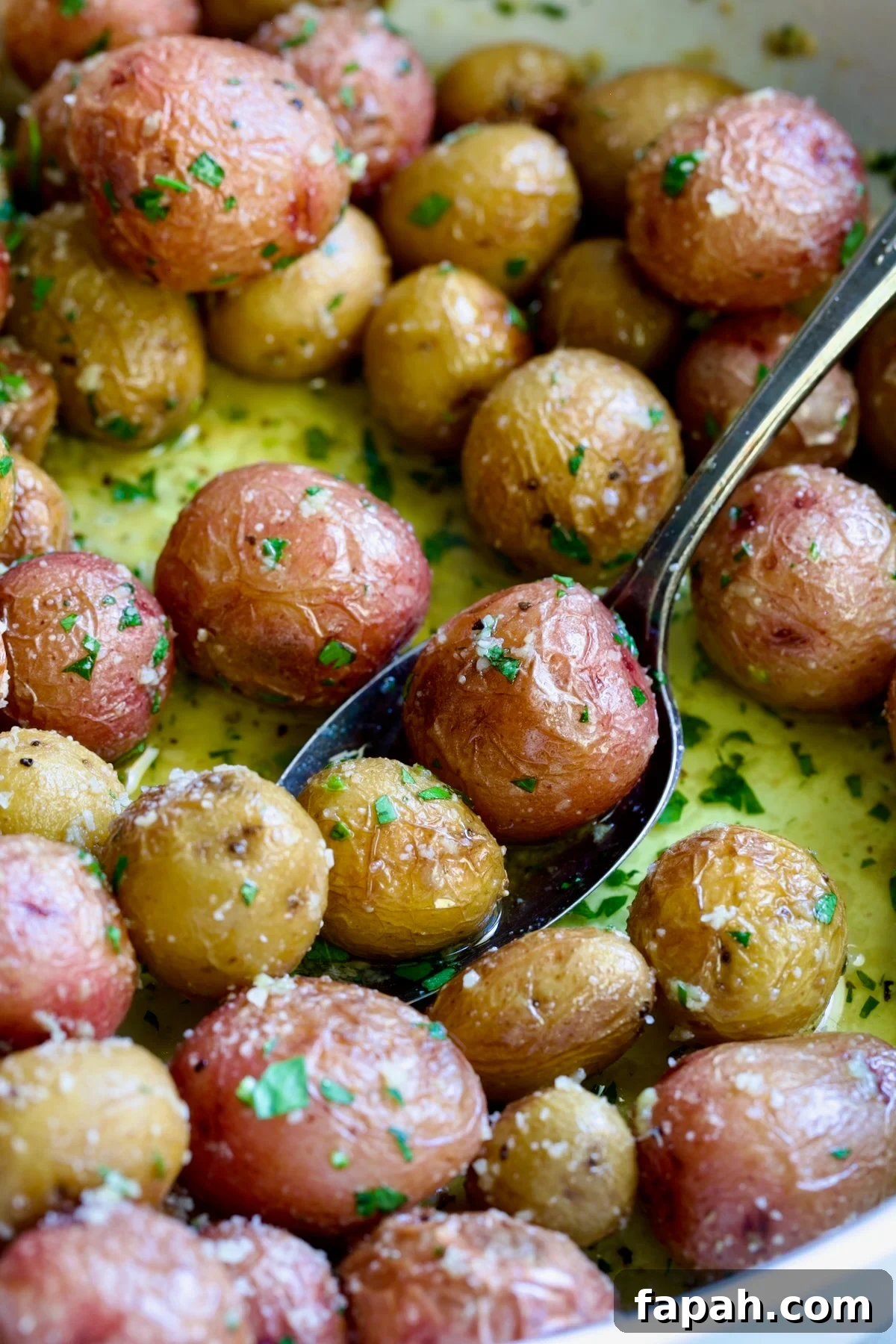 Garlic Butter Parmesan Mini Potatoes in round white baking dish with serving spoon.