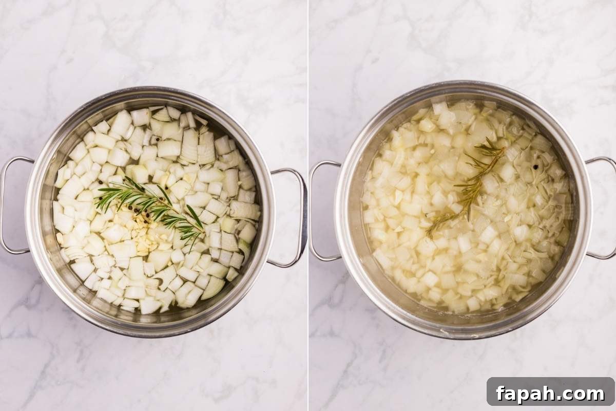 Pot with diced onions and herbs before and after cooking until soft.
