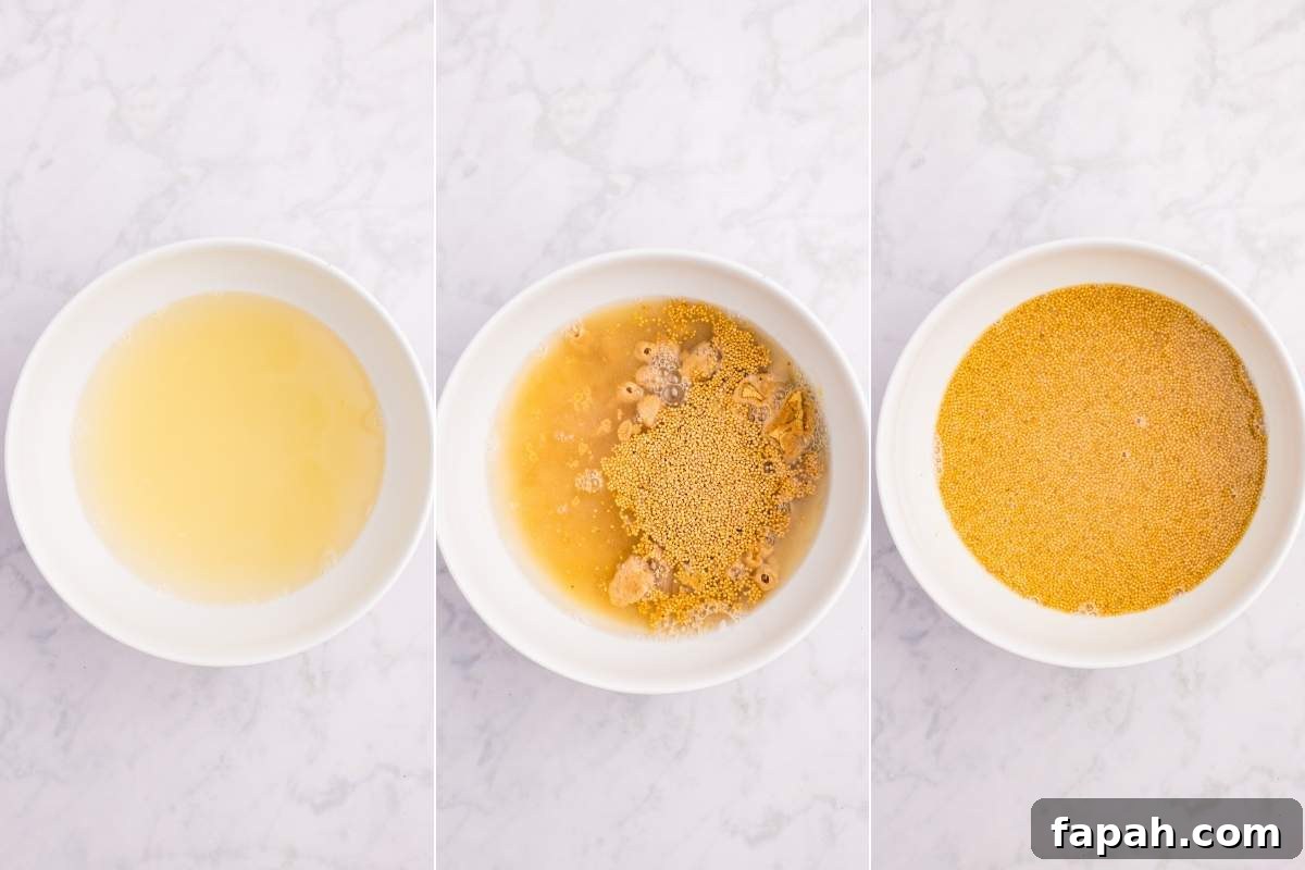 Three bowls showing strained liquid, mustard seeds added, then seeds soaked.
