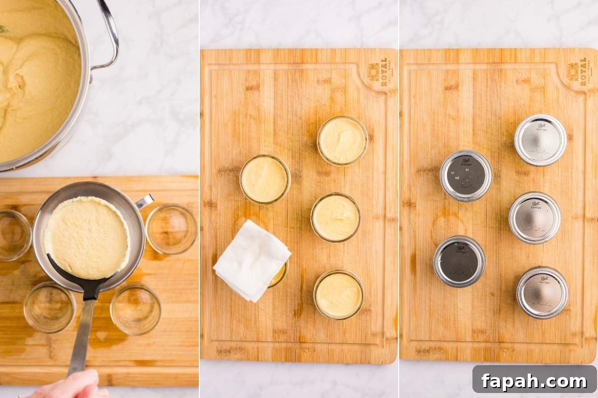 Filling glass jars with hot mustard and applying lids on cutting board.