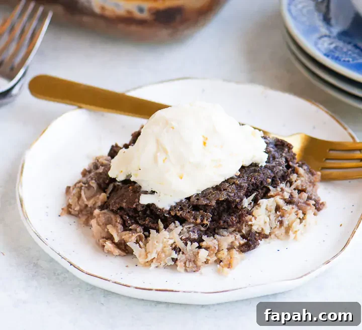 German Chocolate Dump Cake Recipe — Quick Decadent Dessert 2 A serving of German chocolate dump cake topped with a scoop of vanilla ice cream on a white plate with a gold fork.