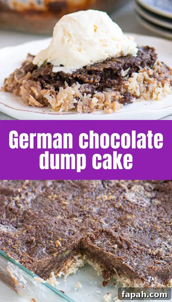 German Chocolate Dump Cake Recipe — Quick Decadent Dessert 3 pinterest image of German chocolate upside -down cake with text overlay