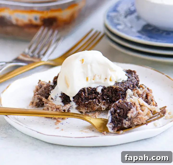 German Chocolate Dump Cake Recipe — Quick Decadent Dessert 6 Close-up of a warm chocolate-coconut dump cake with vanilla ice cream melting on top, served on a white plate with gold flatware.