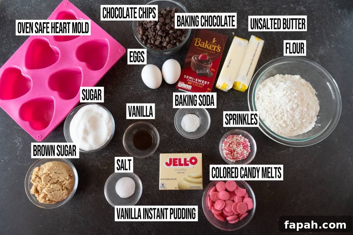 Heart-Shaped Cookies Recipe for Valentine’s Day 3 chocolate chip cookie ingredients in individual bowls and heart silicone mold