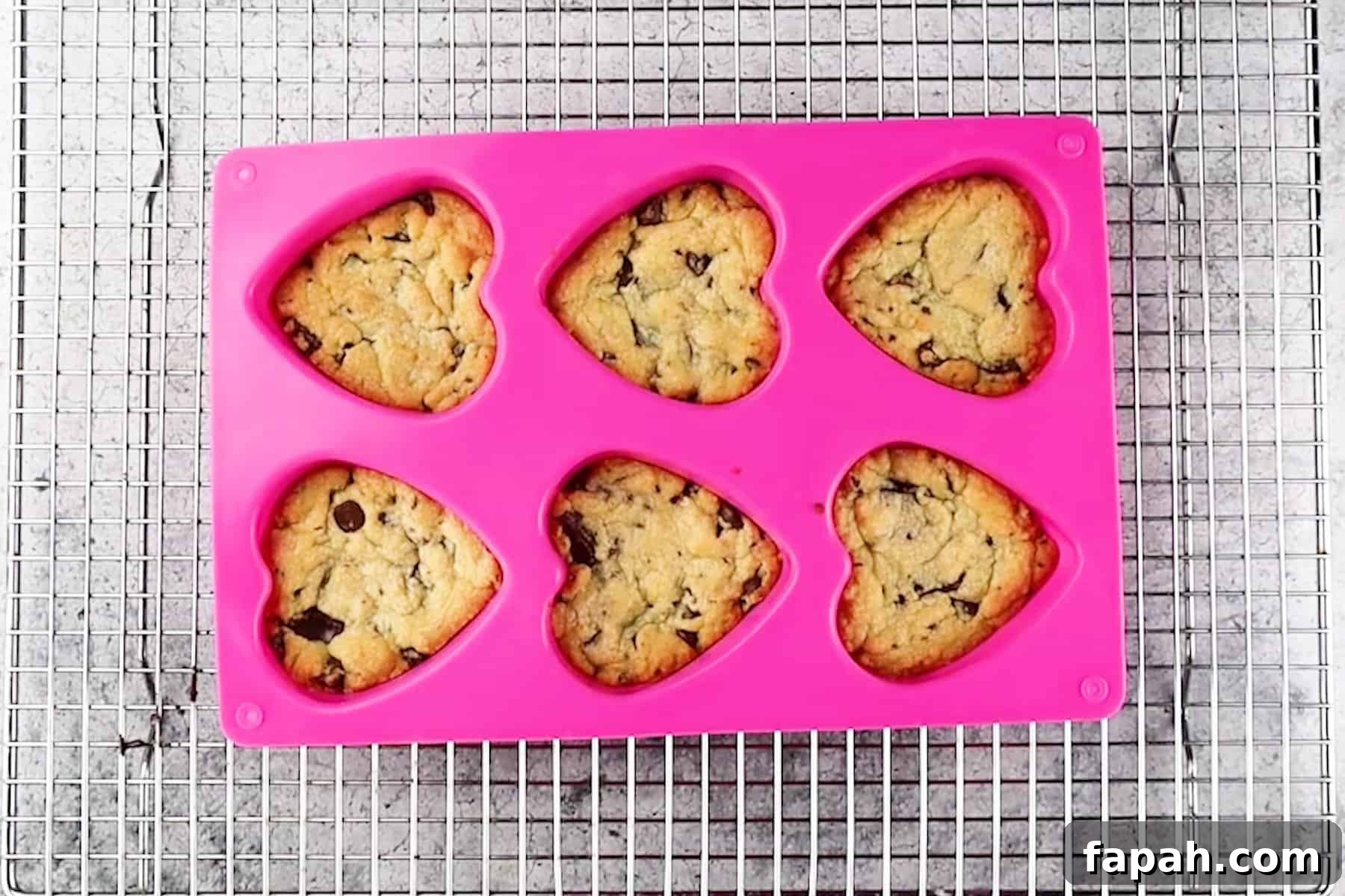 Heart-Shaped Cookies Recipe for Valentine’s Day 8 heart shaped chocolate chip cookies after baking still in mold.