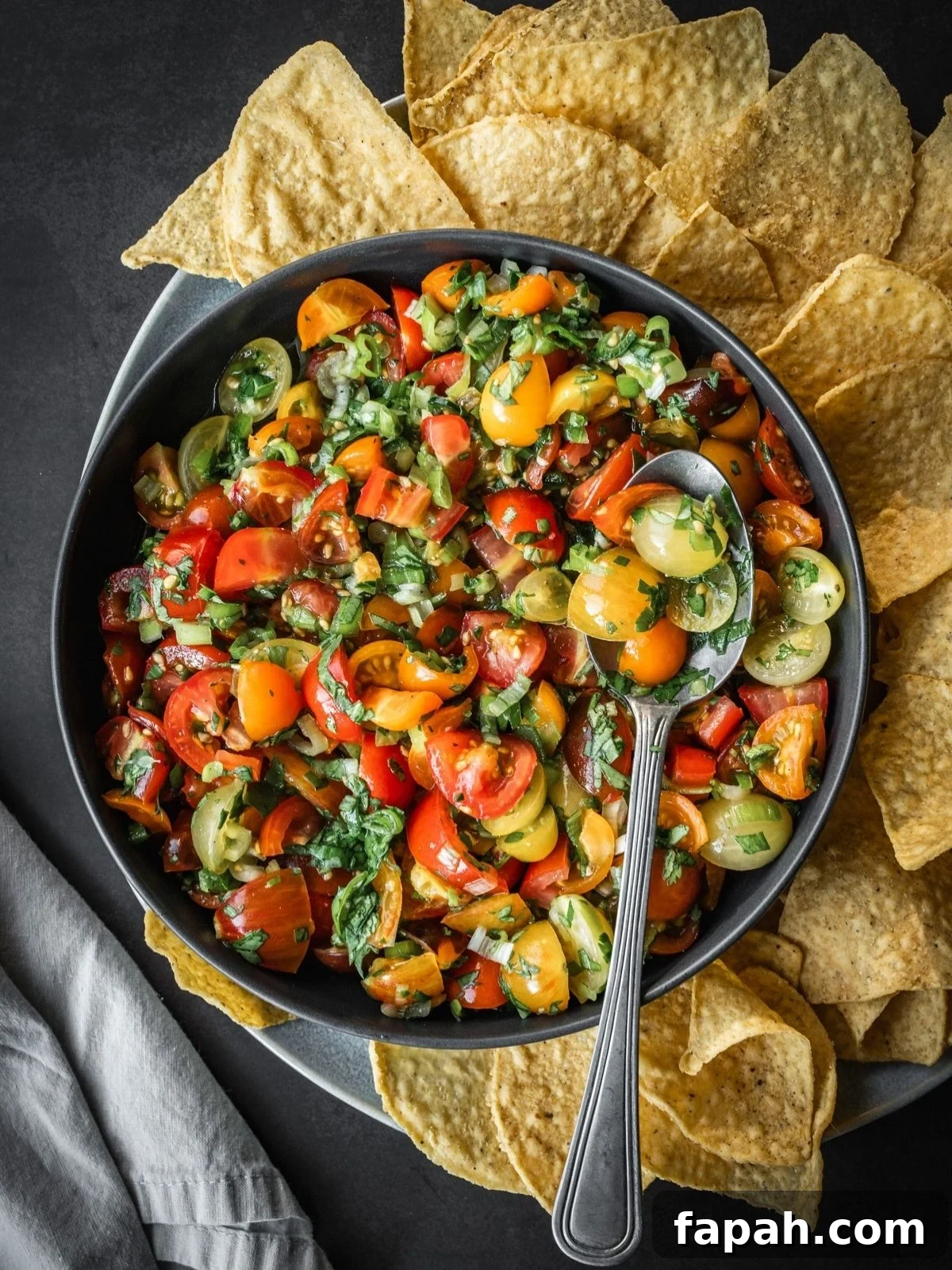 Fresh Cherry Tomato Pico de Gallo Salsa Recipe 2 Cherry tomato salsa in a bowl with a spoon and a side of tortilla chips.