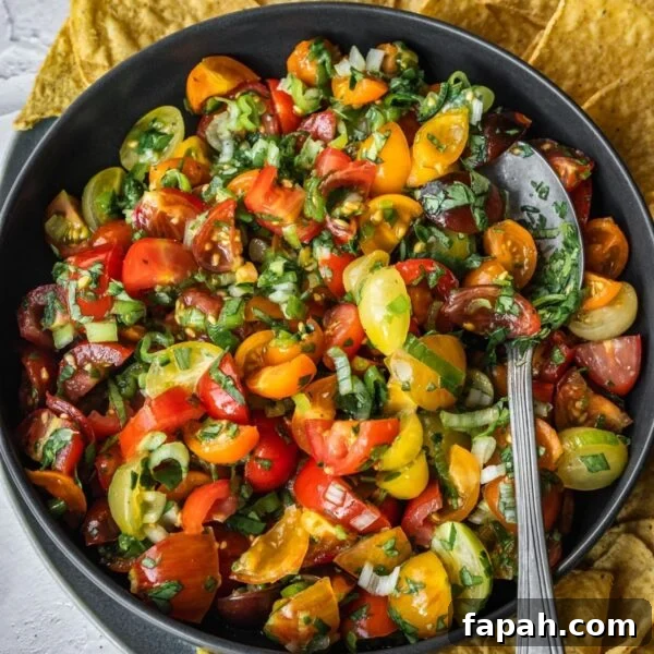 Fresh Cherry Tomato Pico de Gallo Salsa Recipe 13 Cherry tomato salsa in a bowl with a spoon and a side of tortilla chips.