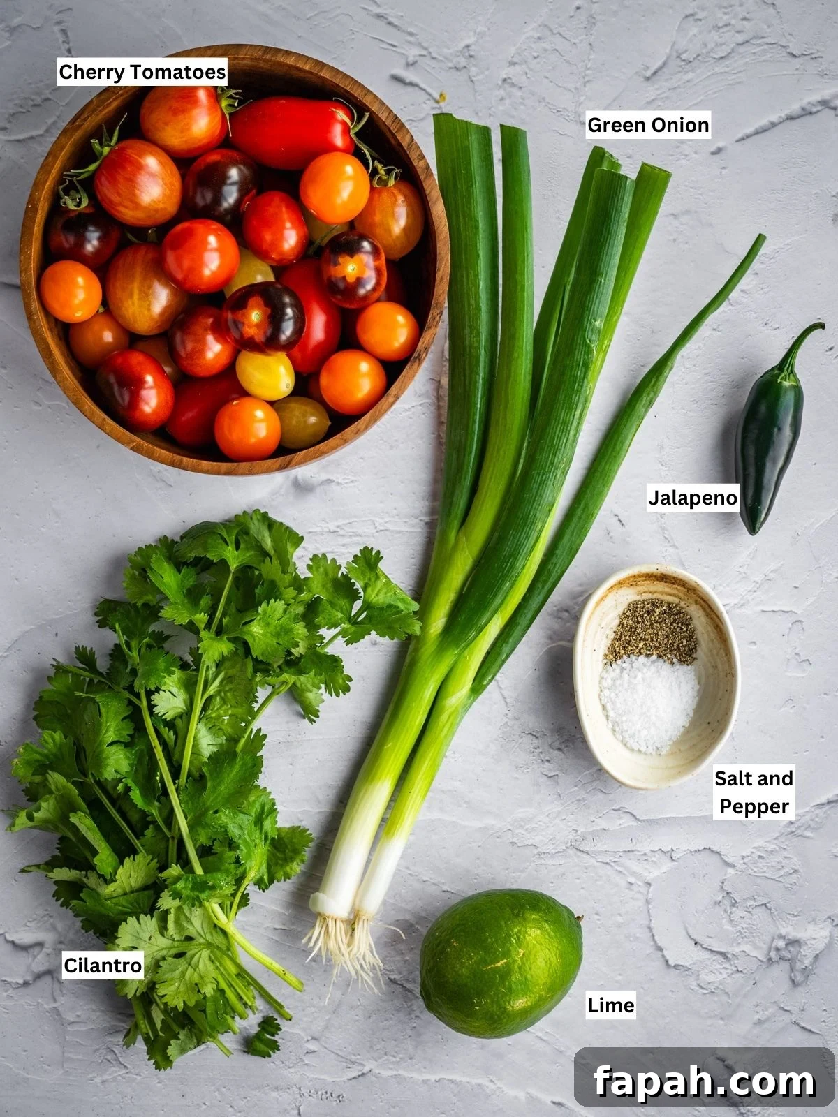 Fresh Cherry Tomato Pico de Gallo Salsa Recipe 3 Cherry tomato salsa recipe ingredients with labels on a board.