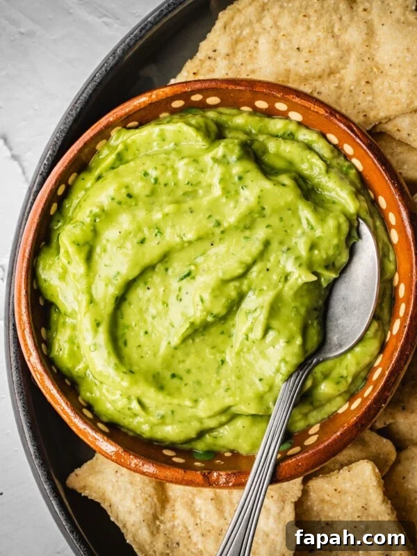 Fresh Cherry Tomato Pico de Gallo Salsa Recipe 9 Avocado salsa in a bowl with a spoon and nacho chips on the side.