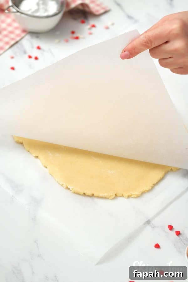 2 sheets of Parchment paper with a slab of rolled out cookie between them, by Skip to my Lou.