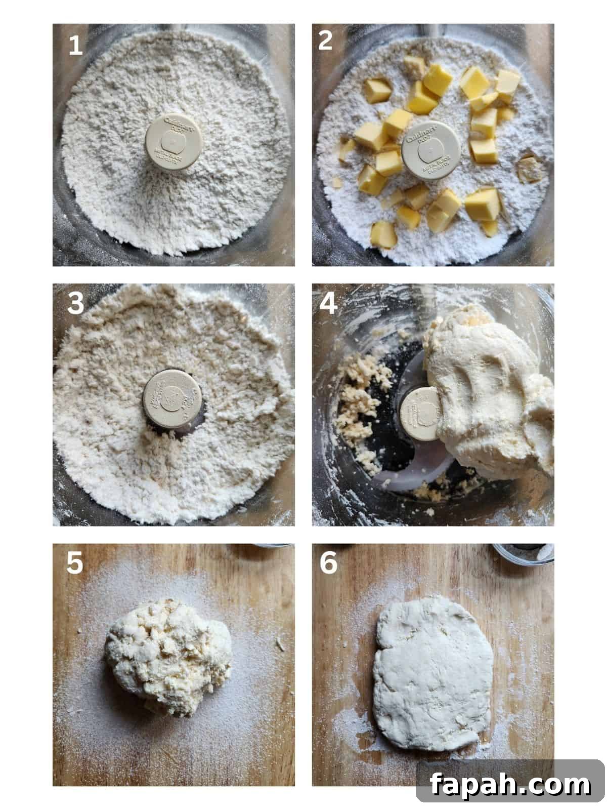 A six picture collage showing how to make biscuit dough.
