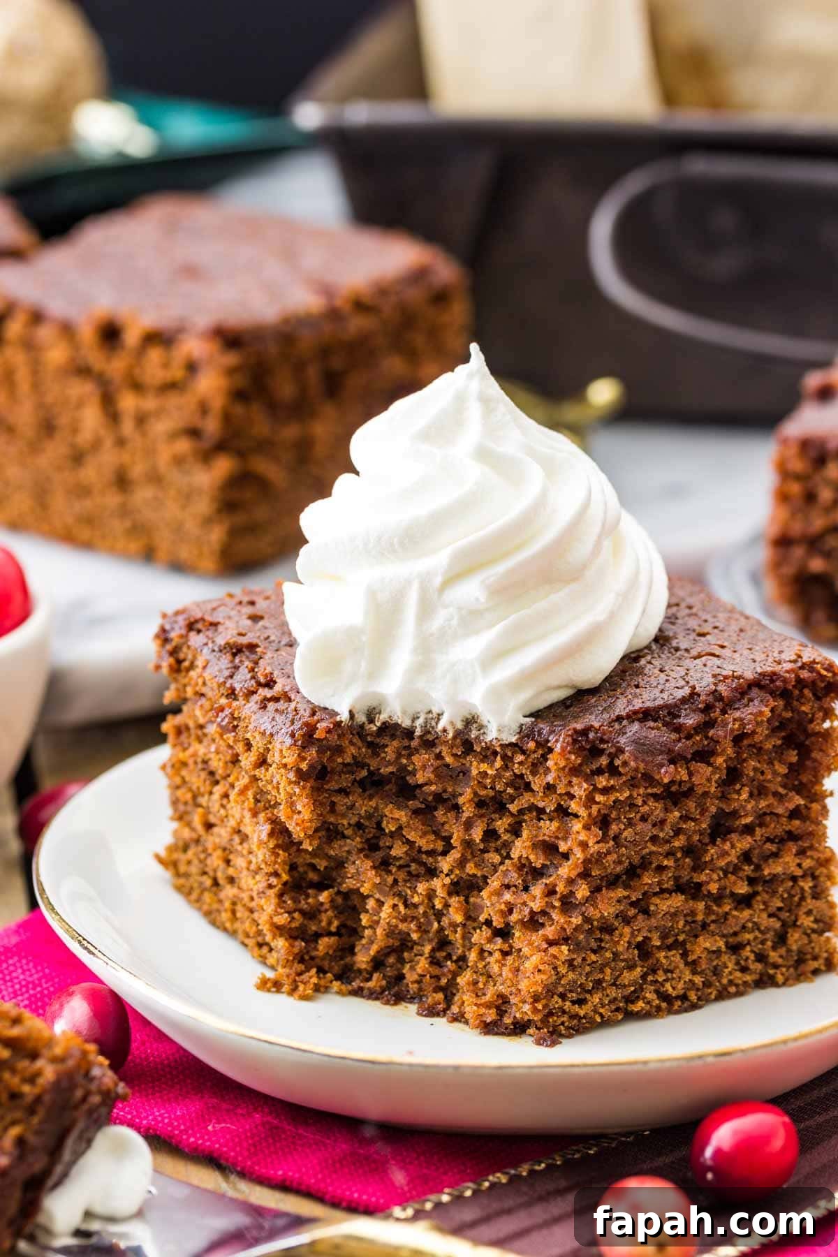 Classic Homemade Gingerbread Recipe for Soft, Spiced Cookies 6 square slice of old fashioned gingrebread cake on a white plate with a bite misssing