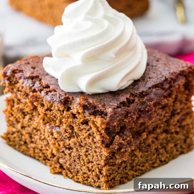 Classic Homemade Gingerbread Recipe for Soft, Spiced Cookies 7 square slice of gingerbread topped with dollop of whipped cream