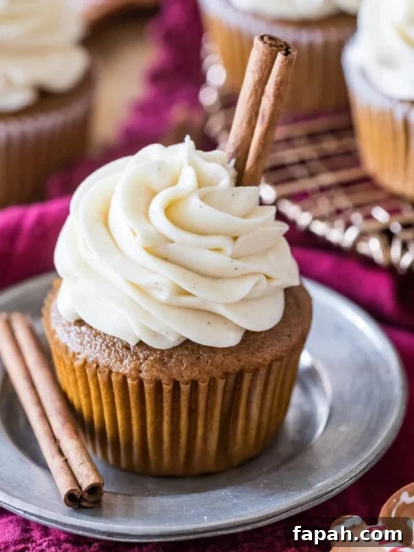 Classic Homemade Gingerbread Recipe for Soft, Spiced Cookies 9 Gingerbread cupcake topped with a brown sugar cream cheese frosting and cinnamon sticks.