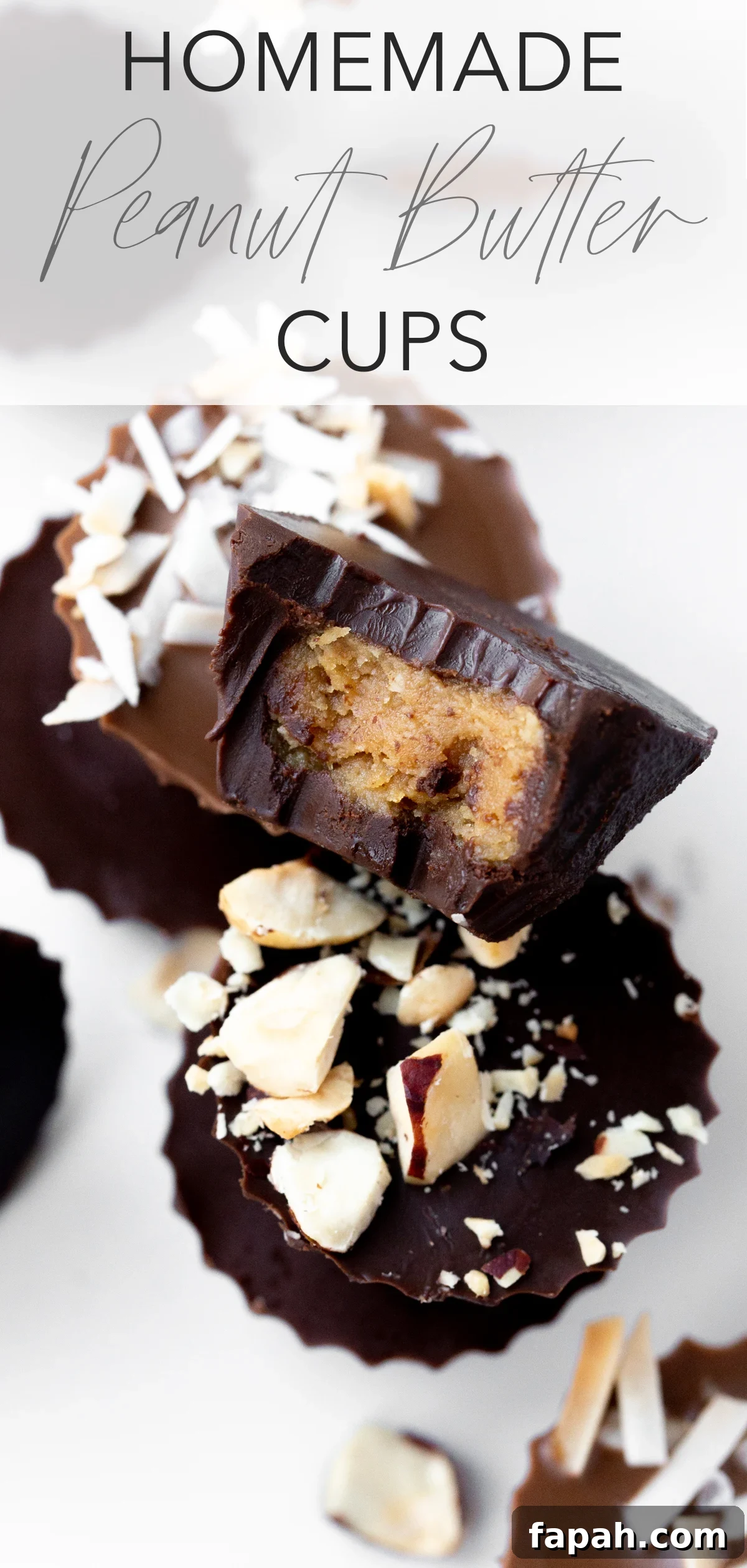 Mini Homemade Peanut Butter Cups: Simple No-Bake Recipe 5 closeup of a homemade mini peanut butter cup with a bite taken out of it with title text overlay