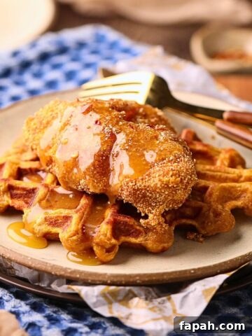 Sweet potato waffles with fried catfish and spicy honey butter.