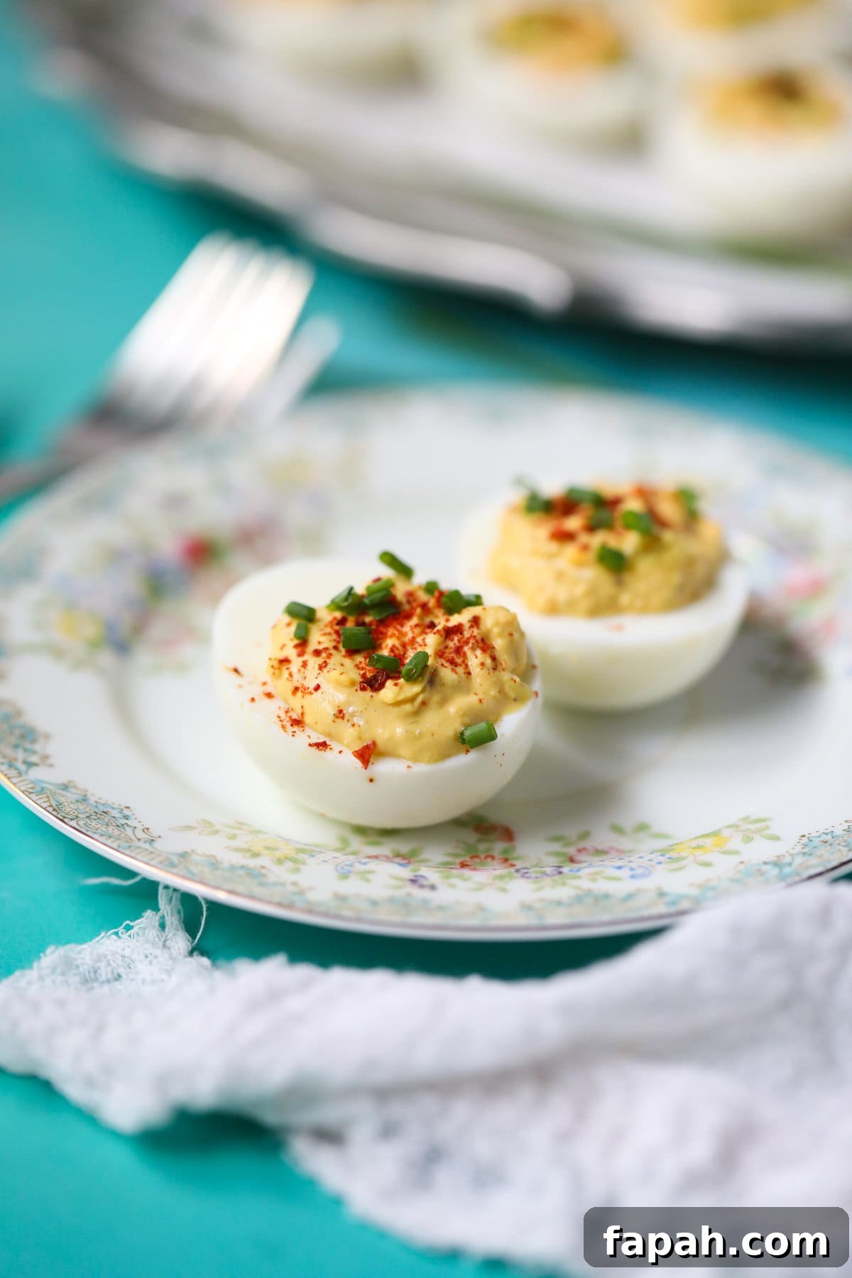 Southern deviled eggs on a white plate.