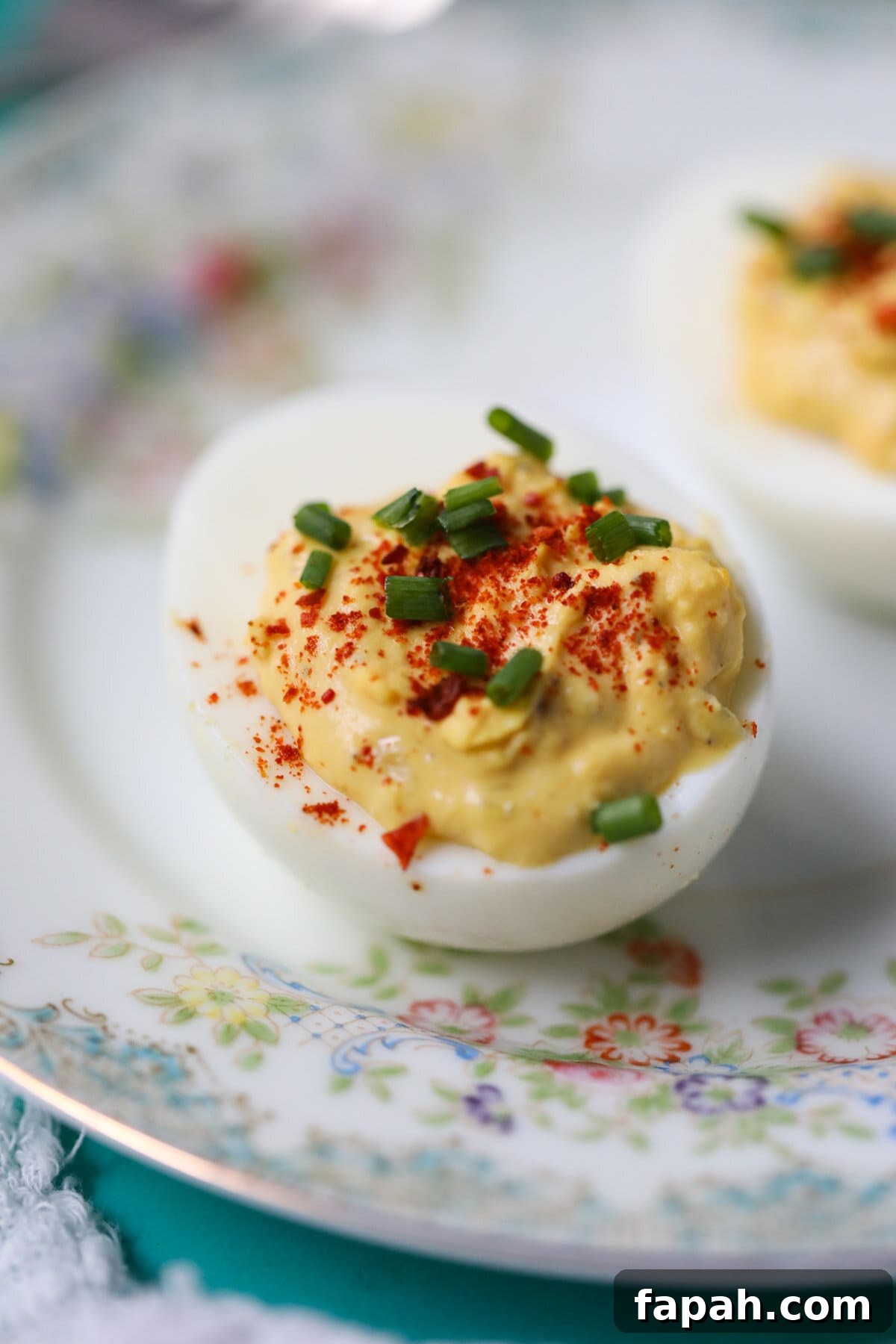 Southern deviled egg on a white plate.