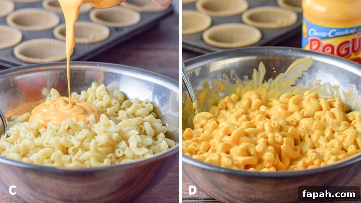 Left - cheese sauce being poured on the macaroni. Right - the sauce mixed with the pasta