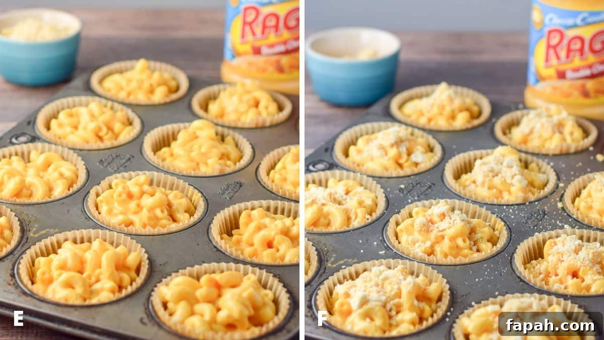 The cheese macaroni in the muffin cups and the cracker crumbs sprinkled on them