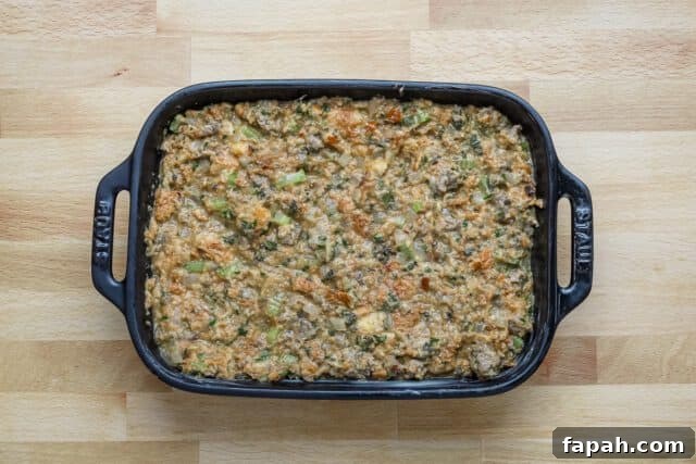 Savory Sausage and Brioche Stuffing Recipe 7 Sausage and brioche stuffing for Thanksgiving dinner, ready to pop into the oven and bake.