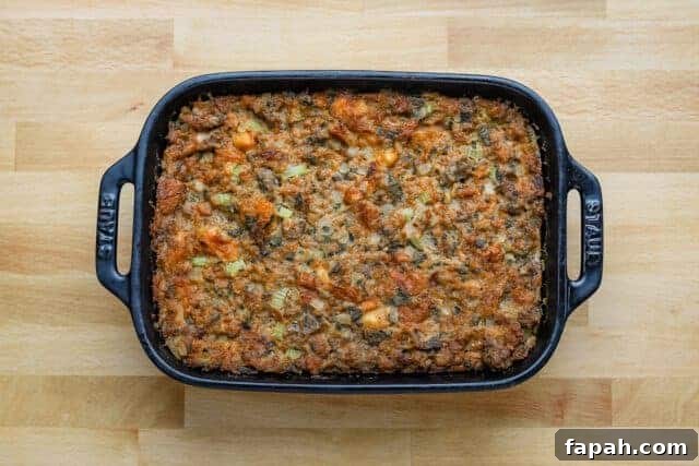 Savory Sausage and Brioche Stuffing Recipe 8 Baked brioche dressing with sausage.