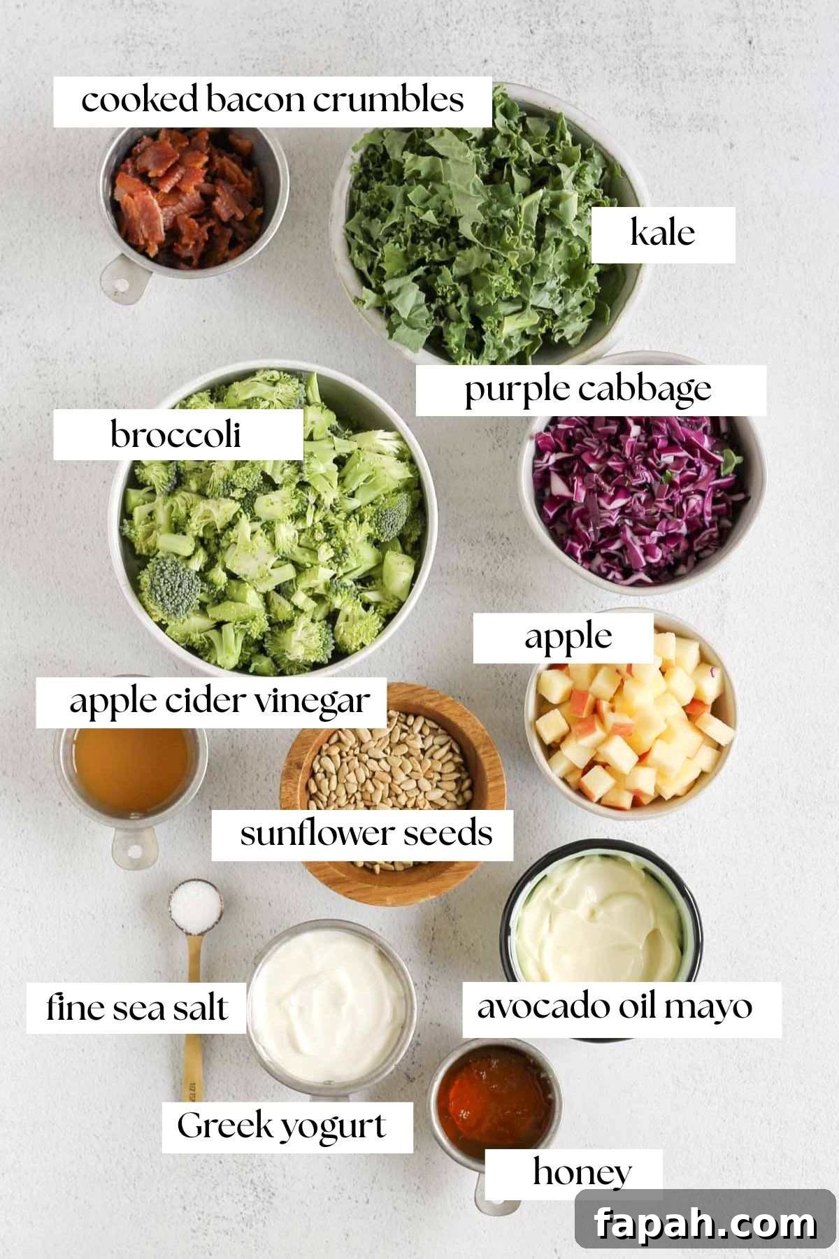 Labeled ingredients for healthy broccoli salad.