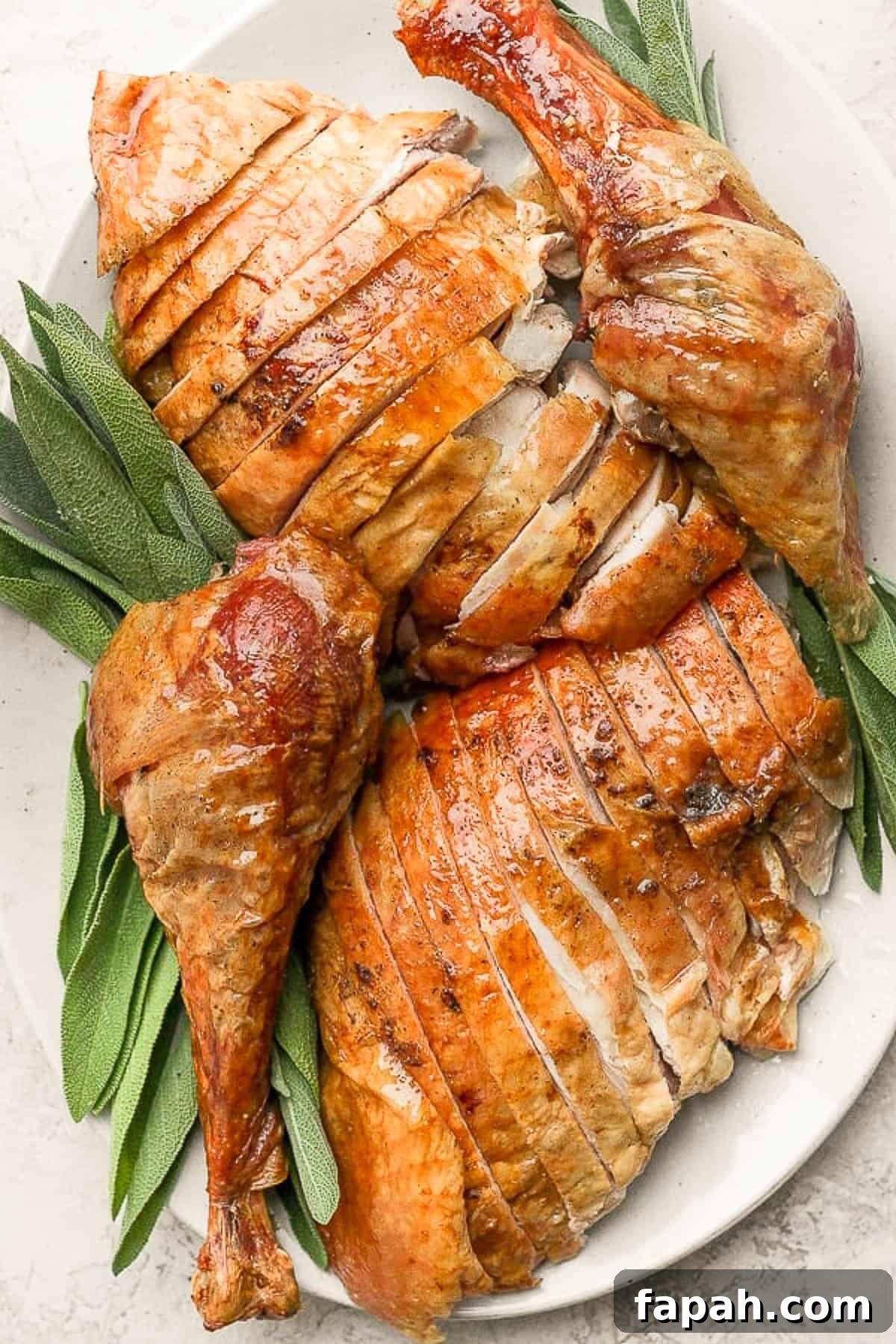 A platter of smoked turkey with two sliced breasts and two legs.