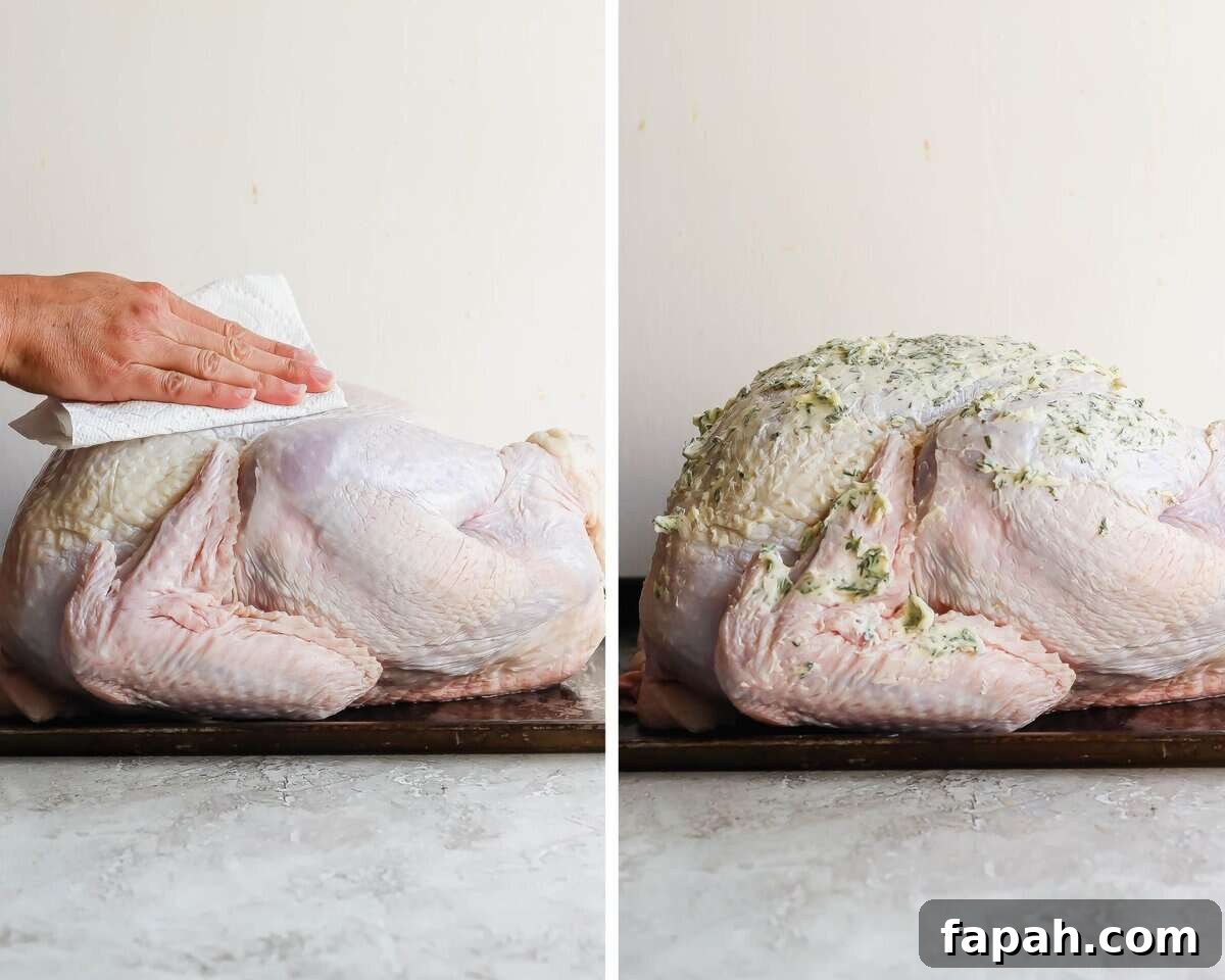 Two pictures side by side: one of someone patting dry a whole, raw turkey and one with butter all over a whole, raw turkey. 