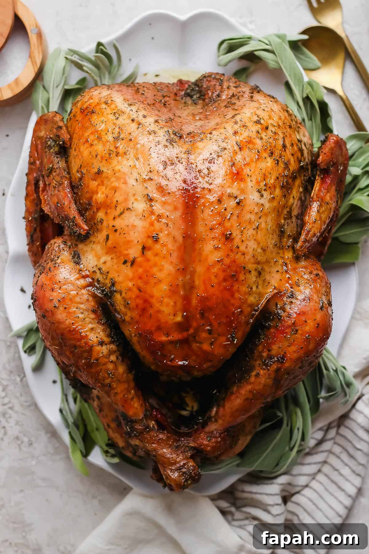 A whole, cooked turkey on a platter with fresh herbs around it.