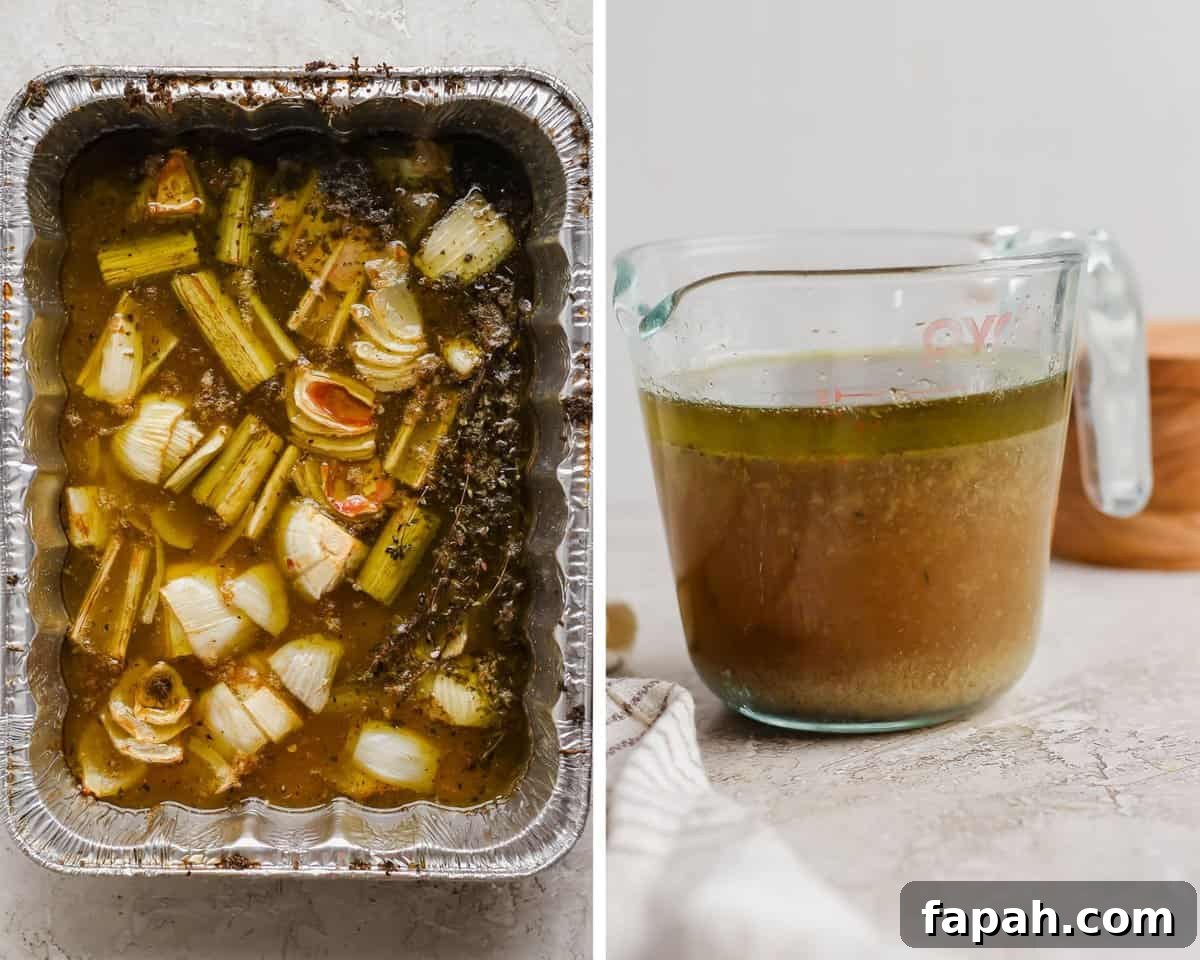 An aluminum pan filled with drippings from a cooked turkey and those drippings strained in a glass measuring cup.