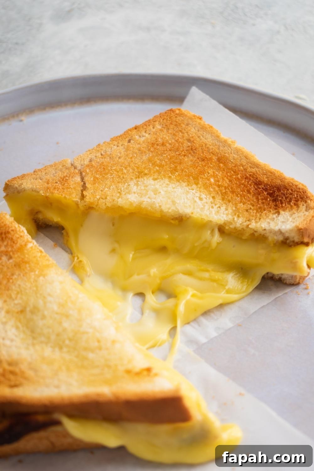 A close-up of a plate with an air fryer grilled cheese half with overflowing melted cheese down the side.