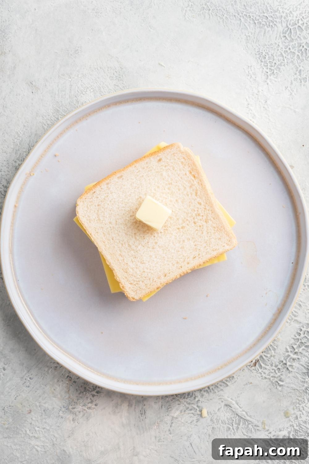 An overhead view of a plate with two white bread slices with cheese in the middle of them and a square of butter on top of them.