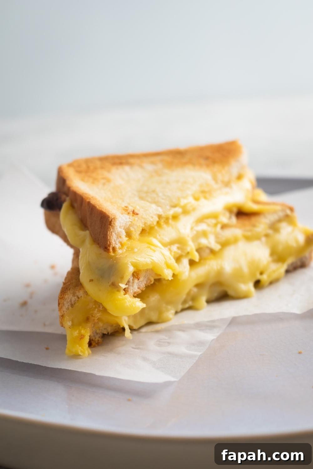 An air fryer grilled cheese cut in half. The halves are stacked on one another.