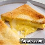 A close-up of a plate with an air fryer grilled cheese half with overflowing melted cheese down the side.