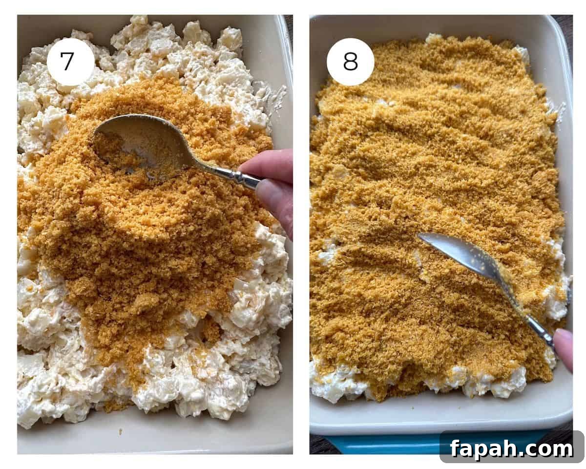 Steps to add crumb topping to the potato casserole.