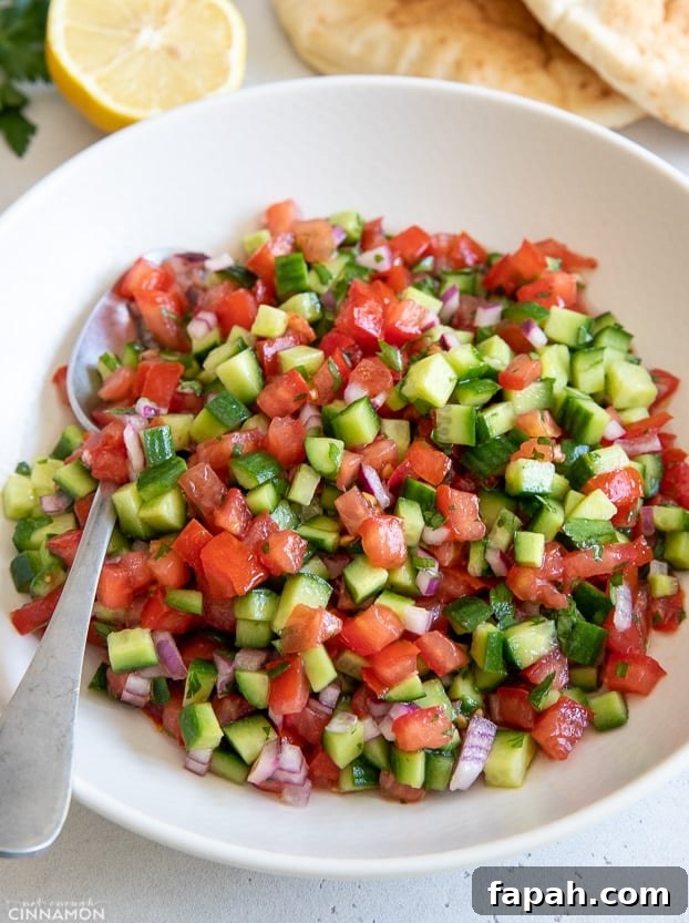 israeli salad side view of a plate of chopped Israeli salad with a spoon on the side