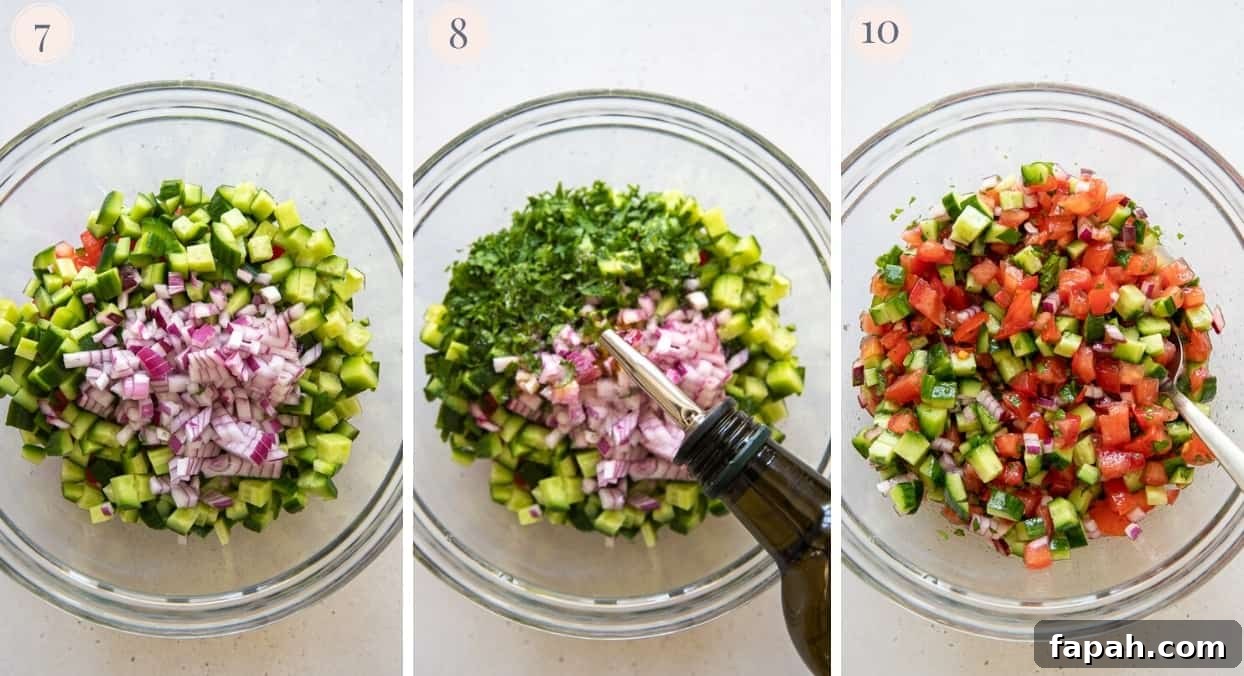 Israeli salad picture collage demonstrating how to make Israeli salad